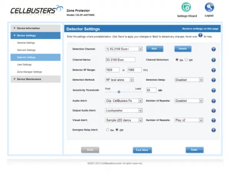 cell phone detector settings